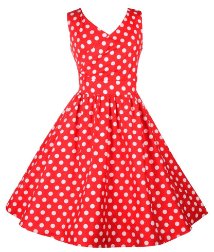 May V-neck 50s Style Spot Dress in Red