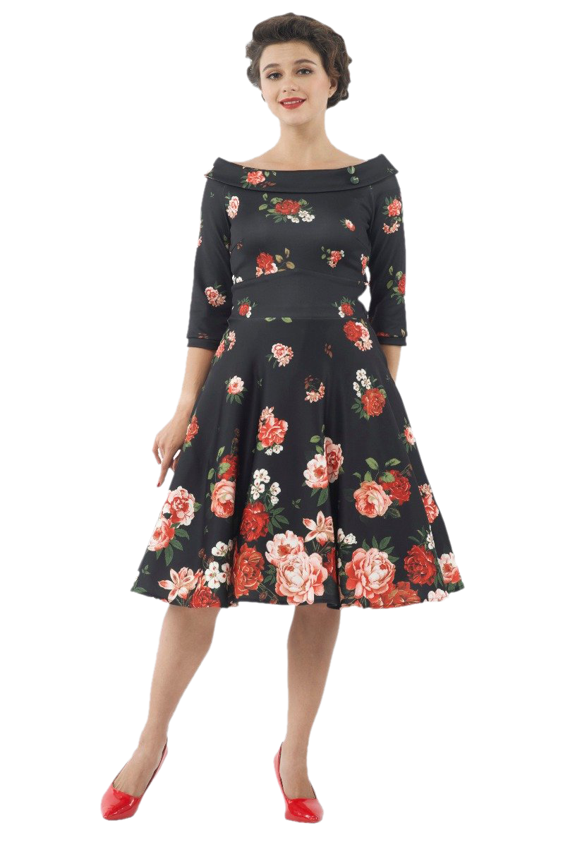 Deborah Flattering Swing Dress - Black with Raising Rose