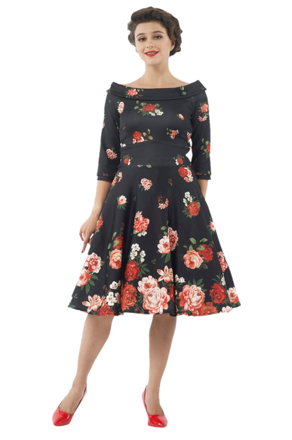 Deborah Flattering Swing Dress - Black with Raising Rose