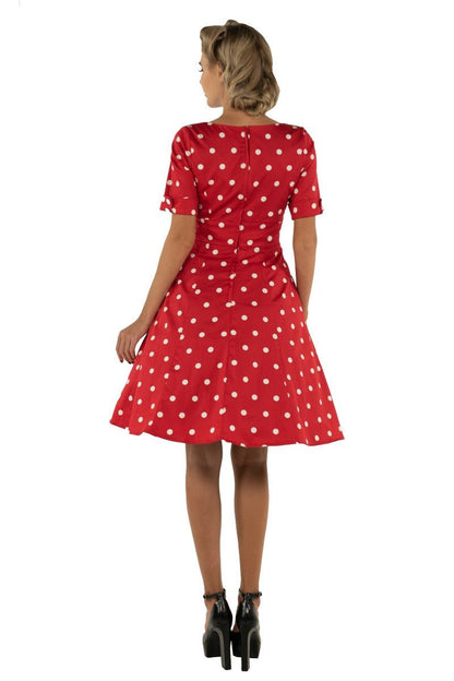 Barbara Sweetheart Neckline Short Sleeved Dress Red-White Polka