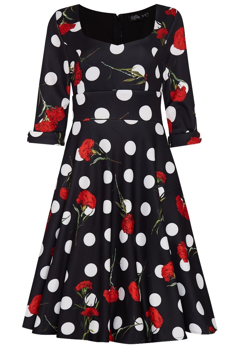 Debra 3-4-Sleeved Stretchy Black Dress Polka Dot & Roses