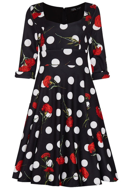 Debra 3-4-Sleeved Stretchy Black Dress Polka Dot & Roses