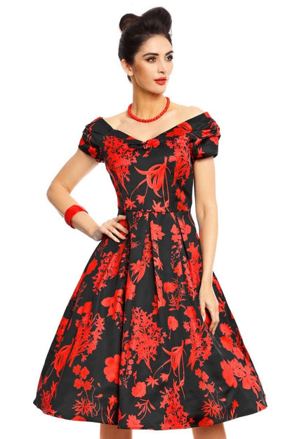 Lily Off Shoulder 50s Flower Print Evening Dress in Black and Red