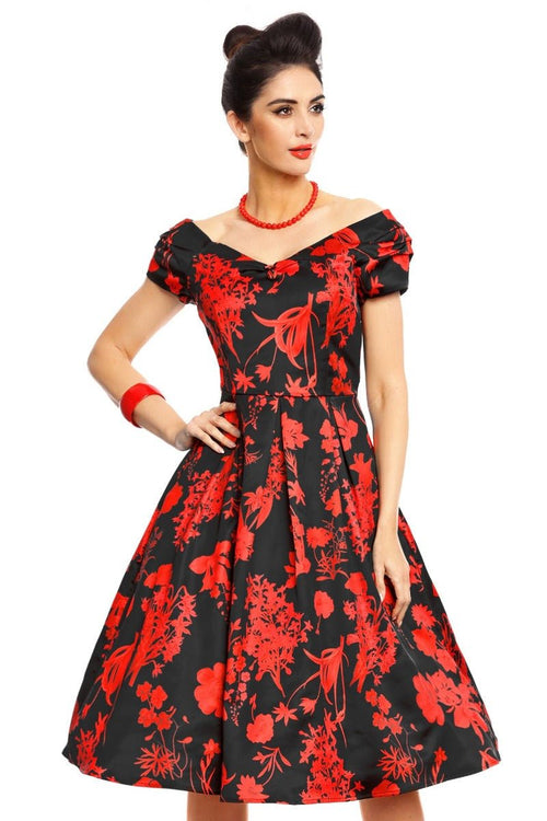 Lily Off Shoulder 50s Flower Print Evening Dress in Black and Red