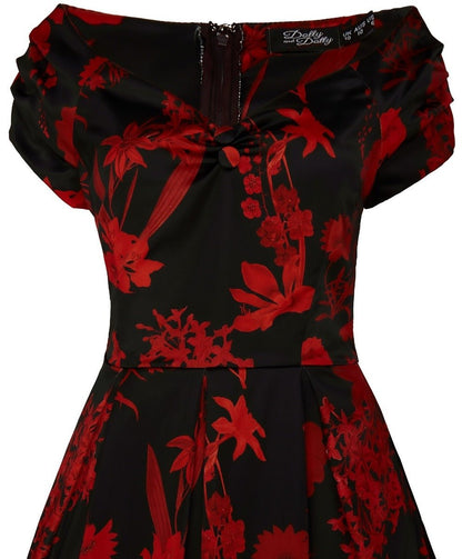 Lily Off Shoulder 50s Flower Print Evening Dress in Black and Red
