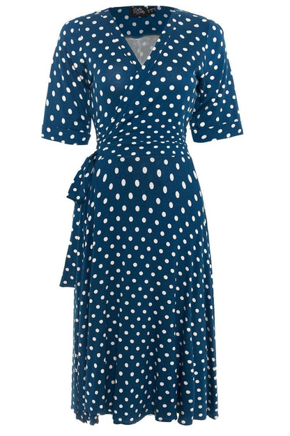 Matilda Retro Wrap Dress in Blue-White Polka dot