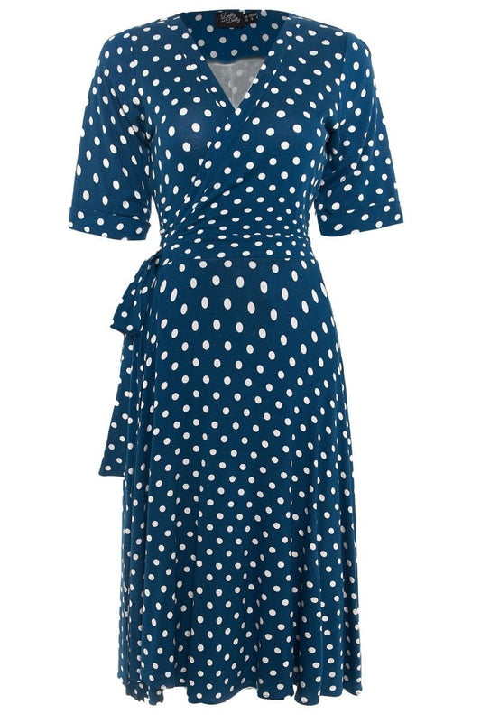 Matilda Retro Wrap Dress in Blue-White Polka dot
