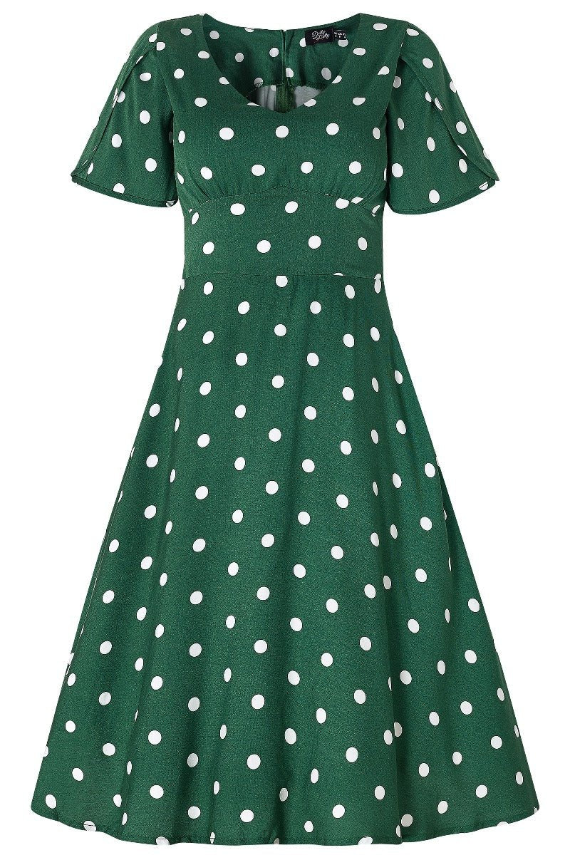 Janice V-Neck Flared Tea Dress in Green Polka Dot Print