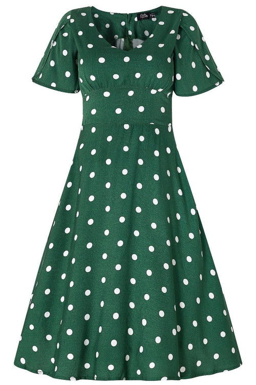 Janice V-Neck Flared Tea Dress in Green Polka Dot Print
