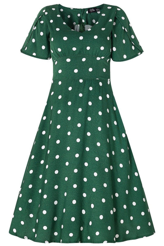 Janice V-Neck Flared Tea Dress in Green Polka Dot Print