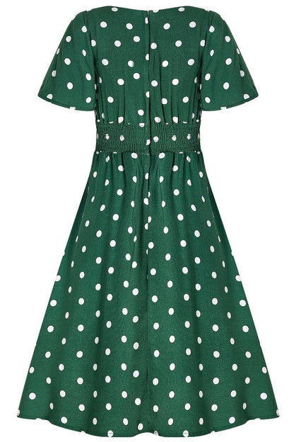 Janice V-Neck Flared Tea Dress in Green Polka Dot Print