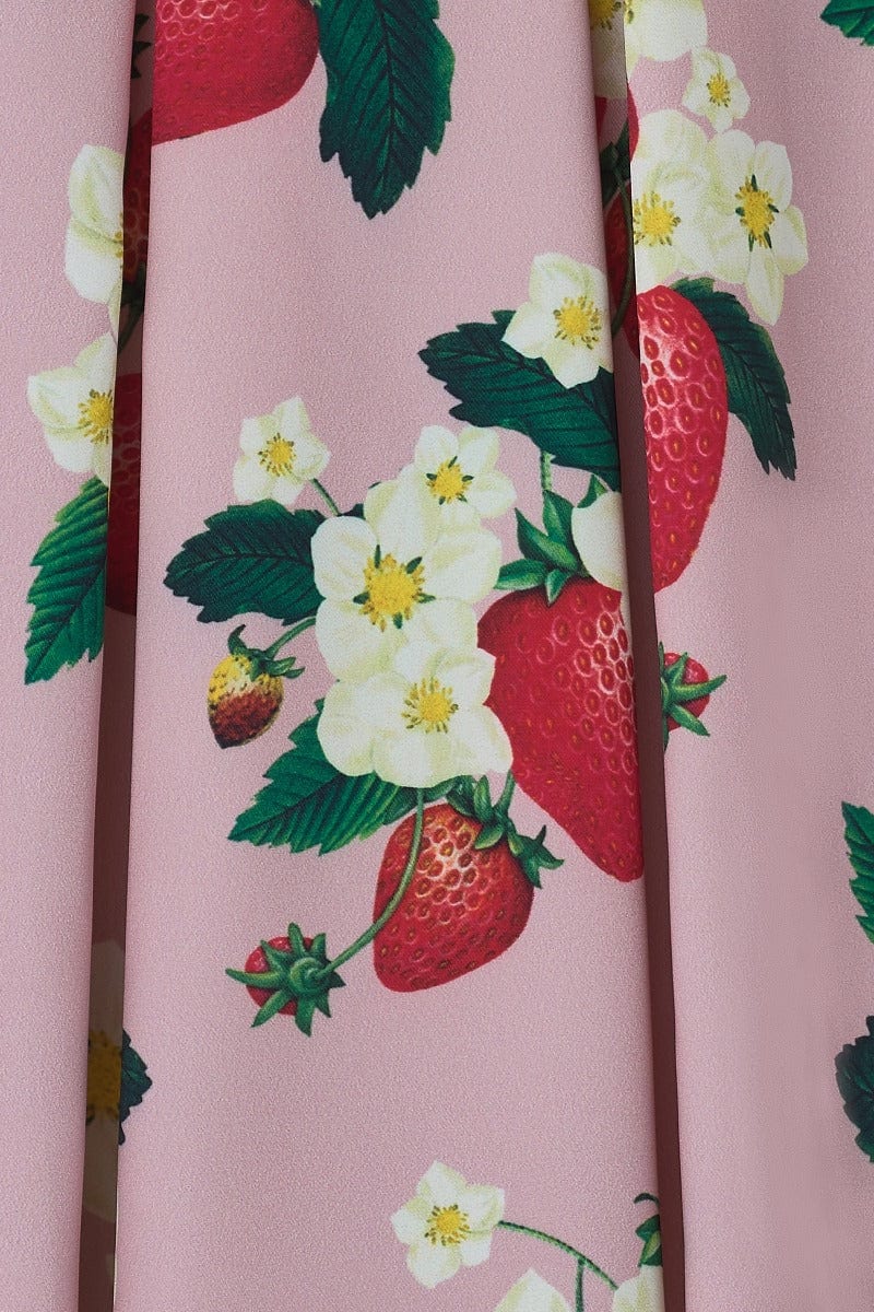 Amanda Pink Strawberry Fruit Floral Print Dress