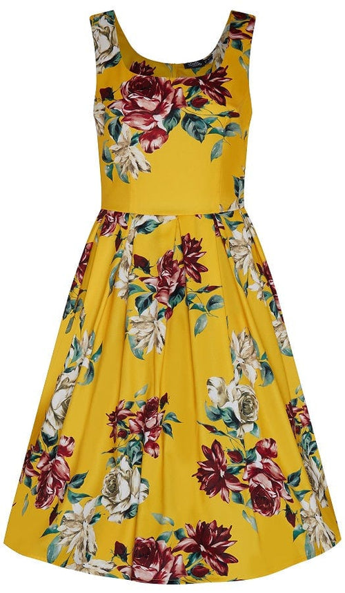Amanda Scoop Neck Floral Rose Flared Dress in Yellow