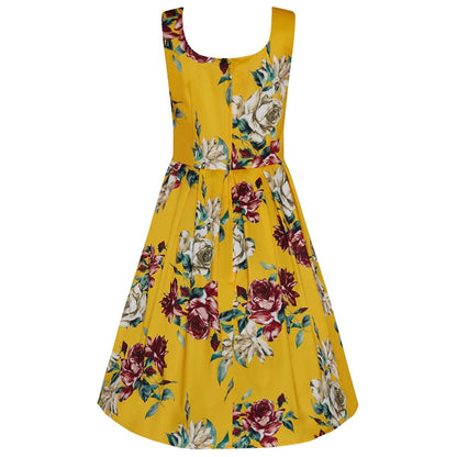 Amanda Scoop Neck Floral Rose Flared Dress in Yellow