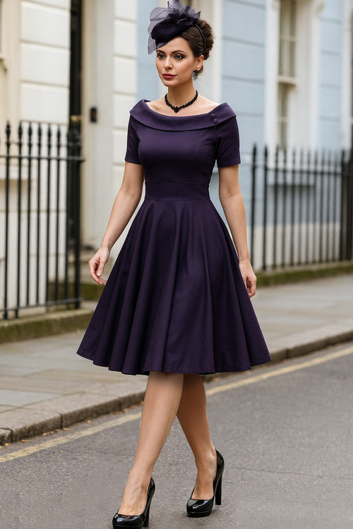 Darlene Navy Blue Roll Collar Circle Dress