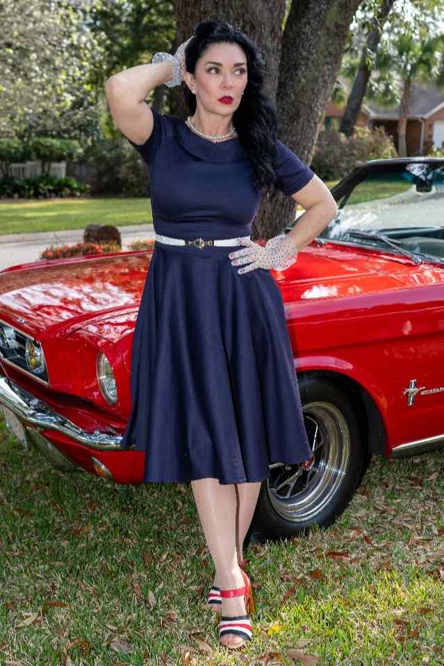 Darlene Navy Blue Roll Collar Circle Dress