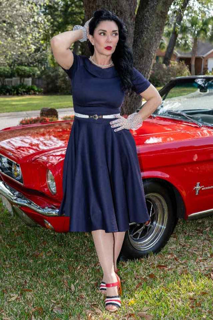 Darlene Navy Blue Roll Collar Circle Dress