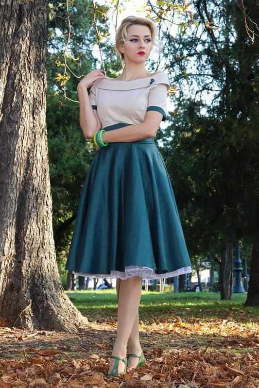 Darlene Retro Beige/Dark Green Swing Dress