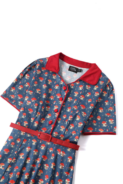 Penelope Red Mushroom Shirt Dress in Blue