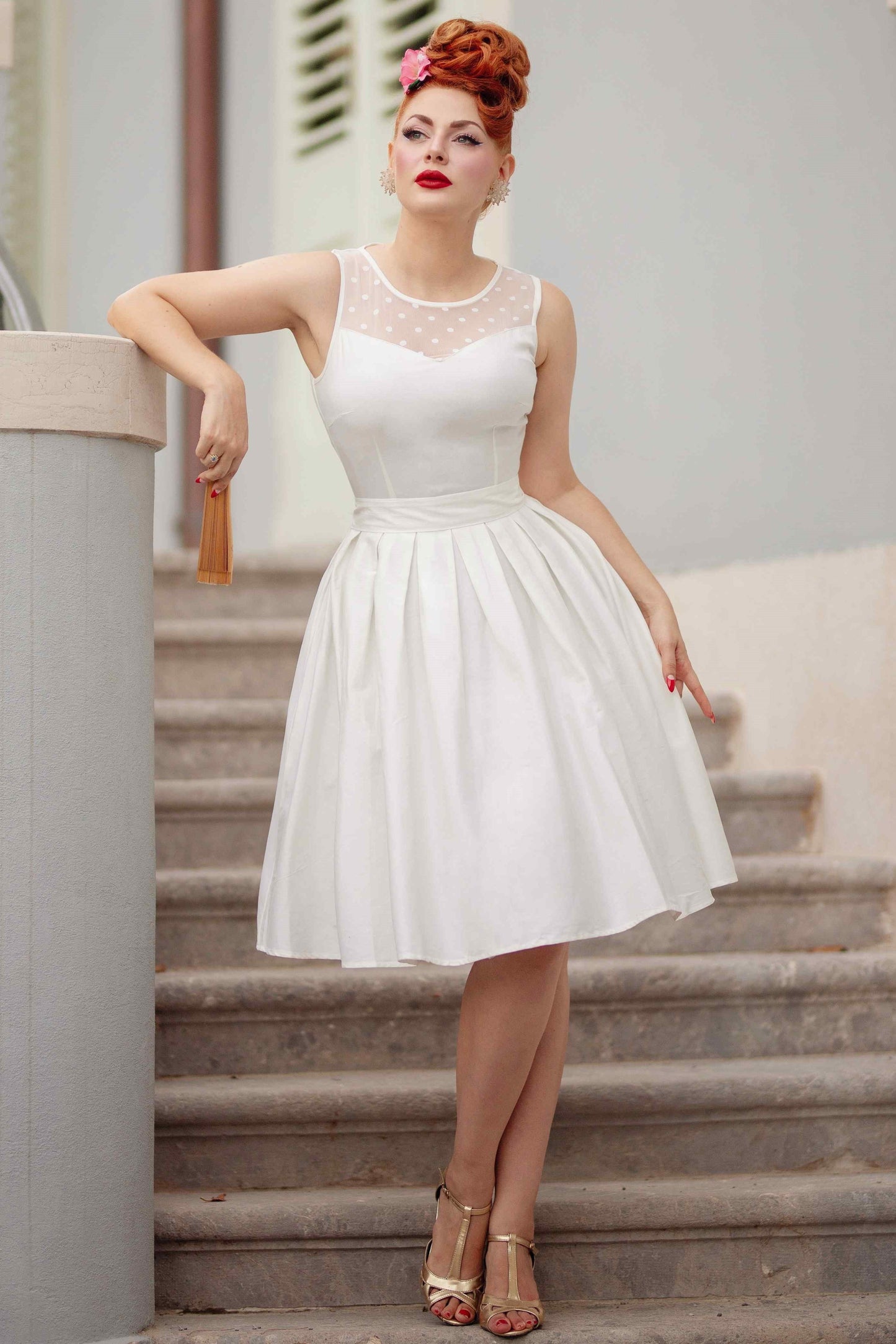 Elizabeth White Mesh Panel Bridal Swing Dress