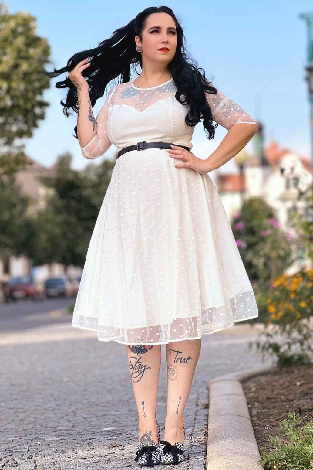 Madeline White Polka Dot Mesh Formal Dress