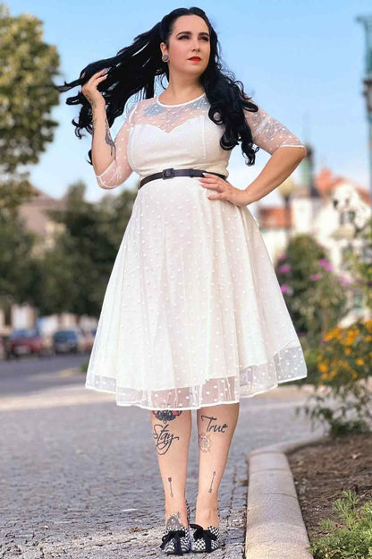 Madeline White Polka Dot Mesh Formal Dress