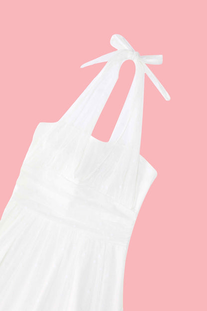 Dorothea White Polka Dot Mesh Halter Dress