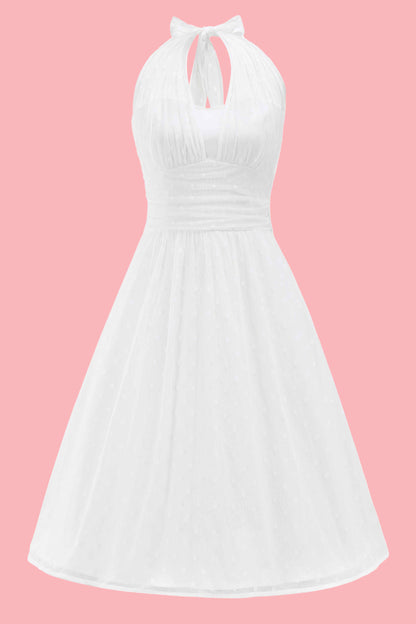 Dorothea White Polka Dot Mesh Halter Dress