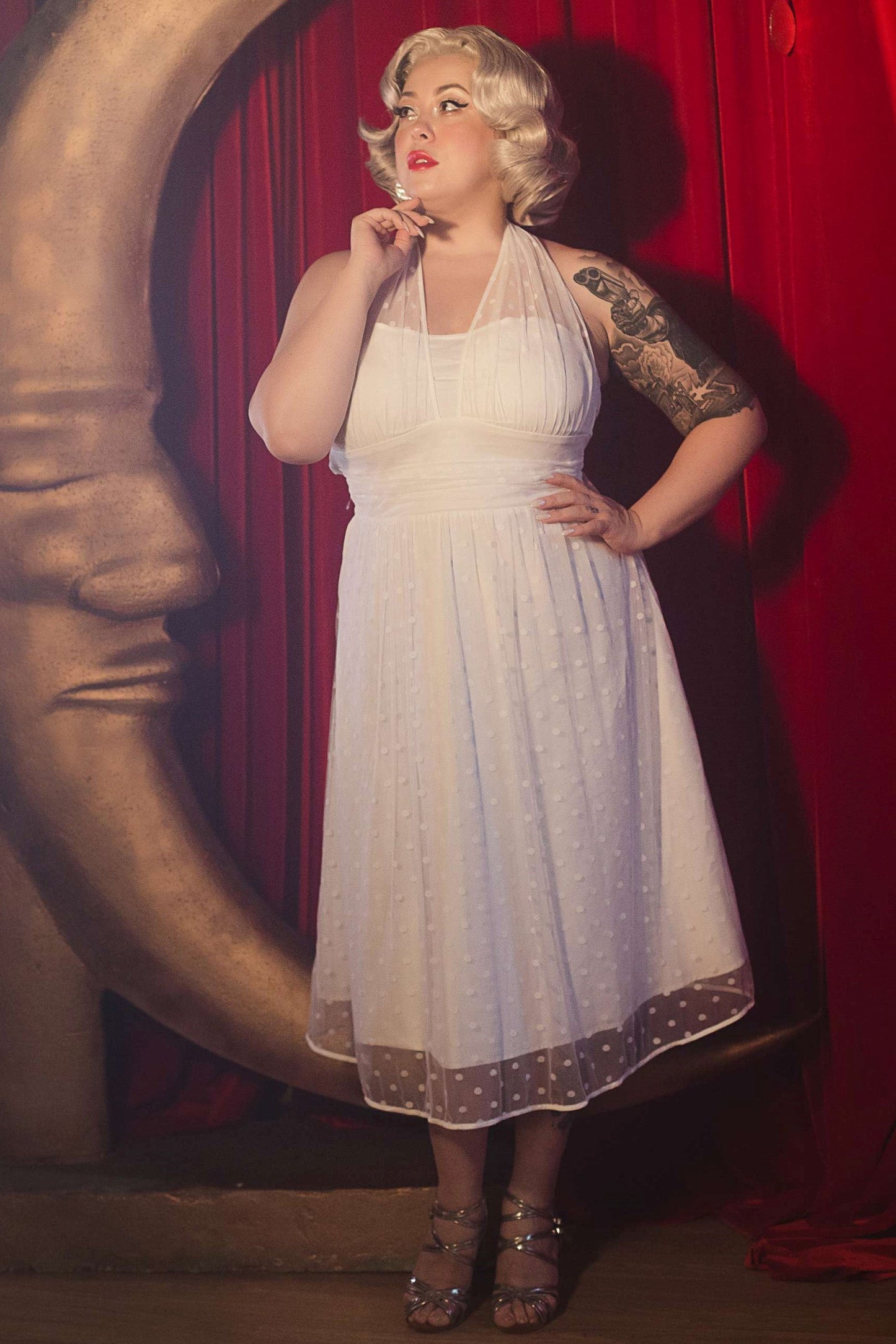 Dorothea White Polka Dot Mesh Halter Dress