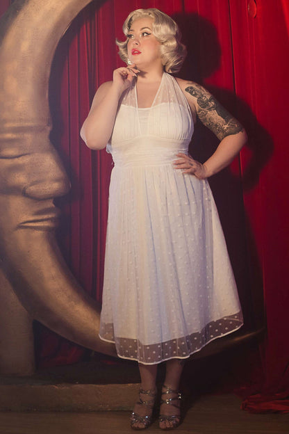 Dorothea White Polka Dot Mesh Halter Dress