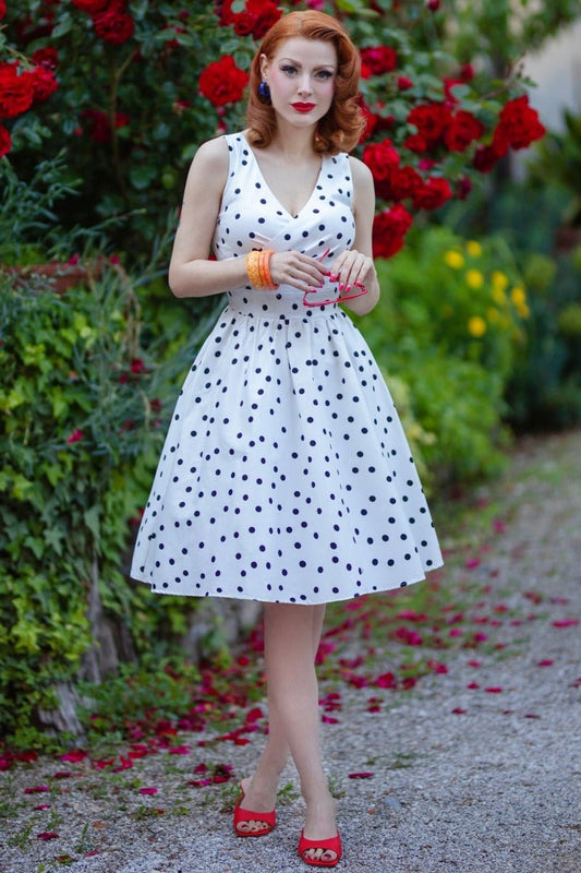 May Crossover Bust White Polka Dot Swing Dress