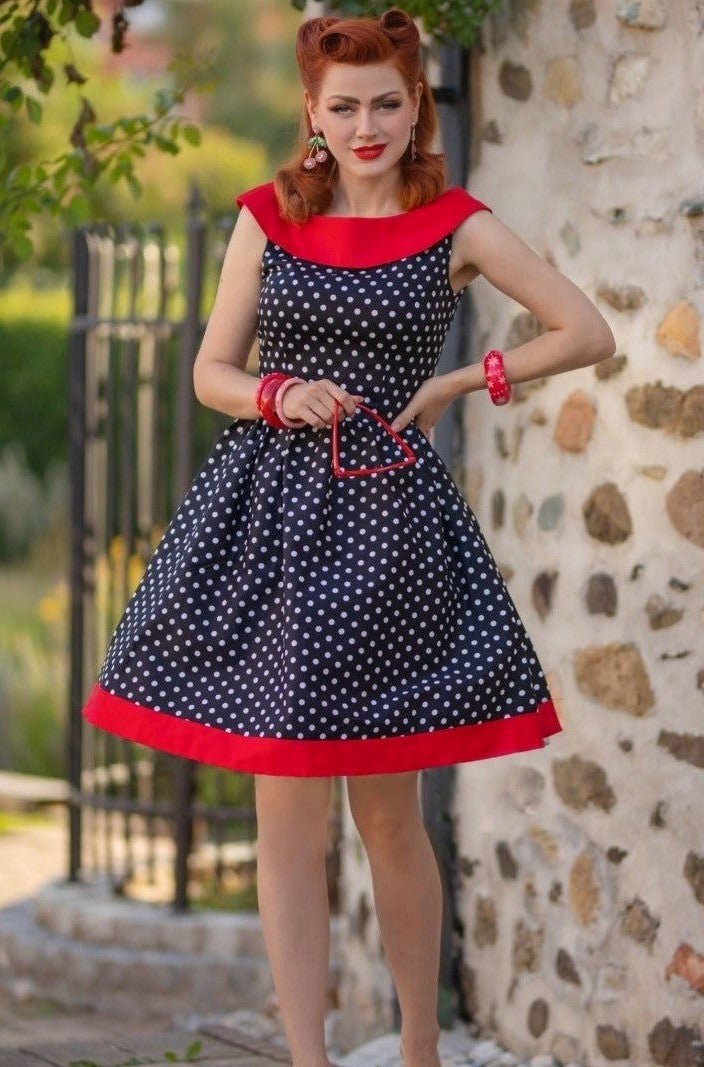 Cindy Retro Dress in Black Polka and Red