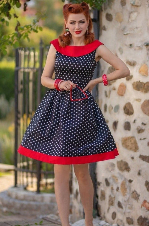 Cindy Retro Dress in Black Polka and Red