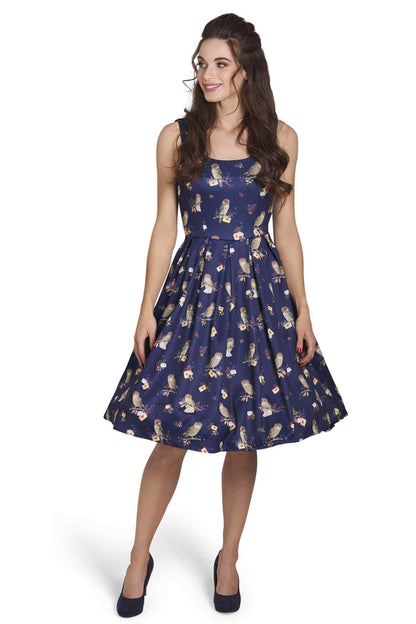 Amanda Owl & Letter Swing Dress in Dark Blue