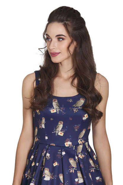 Amanda Owl & Letter Swing Dress in Dark Blue