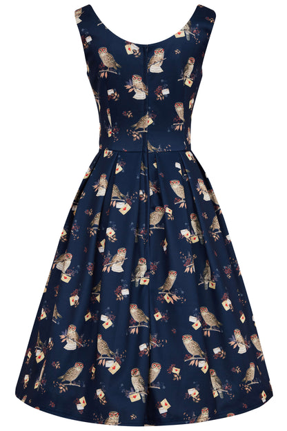 Amanda Owl & Letter Swing Dress in Dark Blue